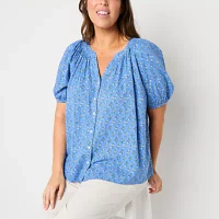 St. John's Bay Plus Womens Split Crew Neck Short Sleeve Blouse