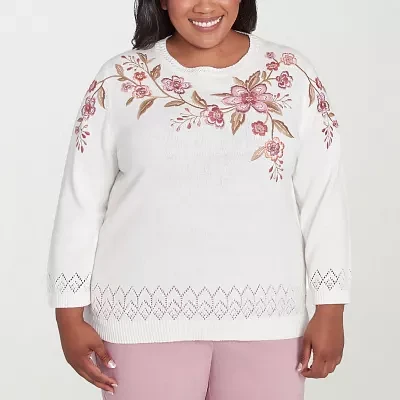 Alfred Dunner Plus Telluride Womens Crew Neck Long Sleeve Floral Pullover Sweater