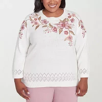 Alfred Dunner Plus Telluride Womens Crew Neck Long Sleeve Floral Pullover Sweater