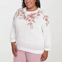 Alfred Dunner Plus Telluride Womens Crew Neck Long Sleeve Floral Pullover Sweater