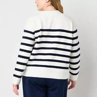 Liz Claiborne Plus Womens Crew Neck Long Sleeve Striped Pullover Sweater