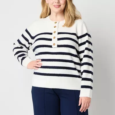 Liz Claiborne Plus Womens Crew Neck Long Sleeve Striped Pullover Sweater