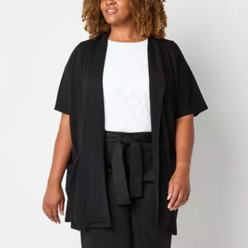 Liz Claiborne Womens Short Sleeve Open Front Cardigan Plus