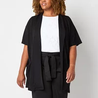 Liz Claiborne Womens Short Sleeve Open Front Cardigan Plus