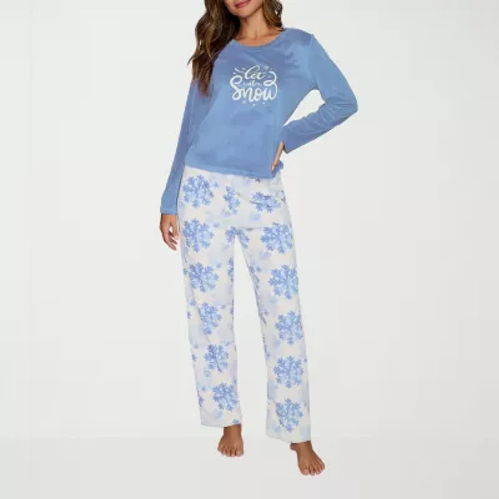 Ilusion Womens Round Neck Long Sleeve 2-pc. Pant Pajama Set