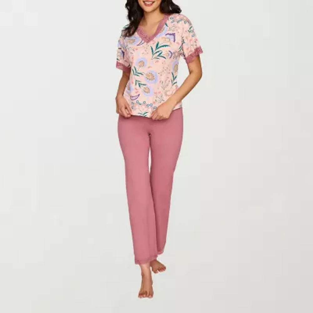 Ilusion Womens Round Neck Short Sleeve 2-pc. Pant Pajama Set