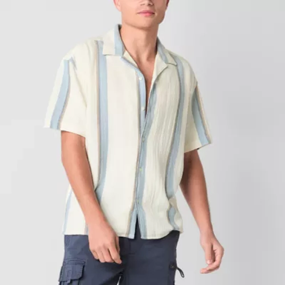 Arizona Mens Short Sleeve Textured Striped Button-Down Shirt