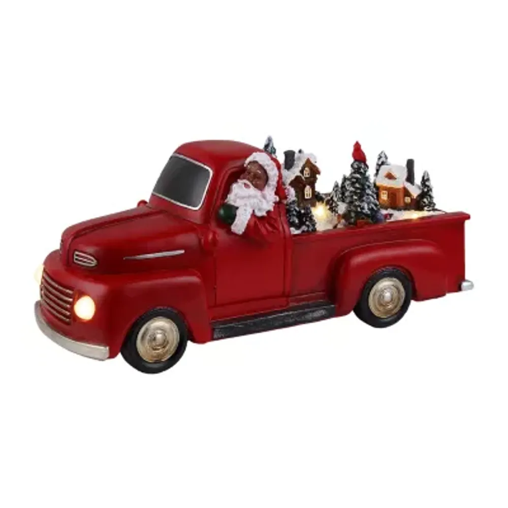 African American Santa In Red Truck Animated Figurine