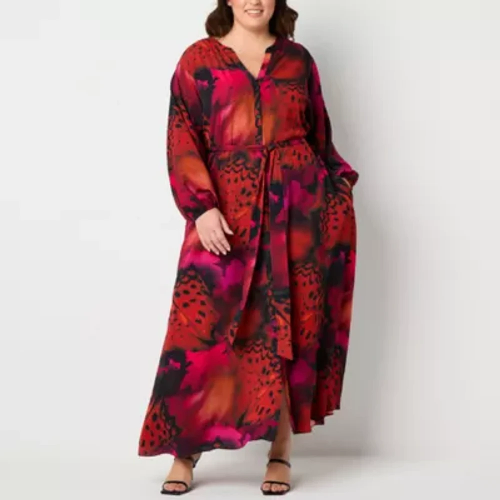 Premier Amour Womens Long Sleeve Animal Maxi Dress Plus