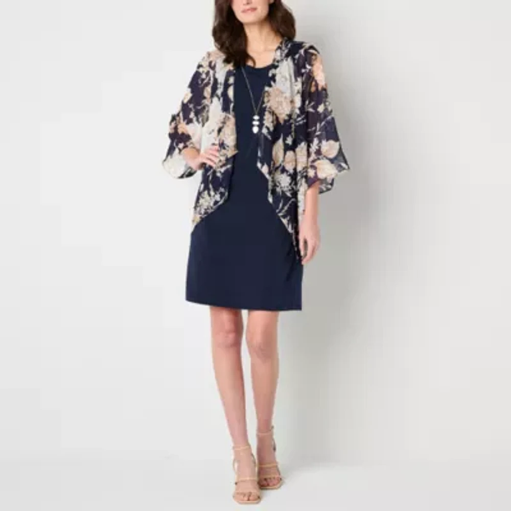 Studio 1 Womens Floral Faux-Jacket Dress With Removable Necklace