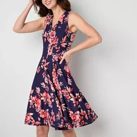 Studio 1 Womens Sleeveless Floral Fit + Flare Dress Petite