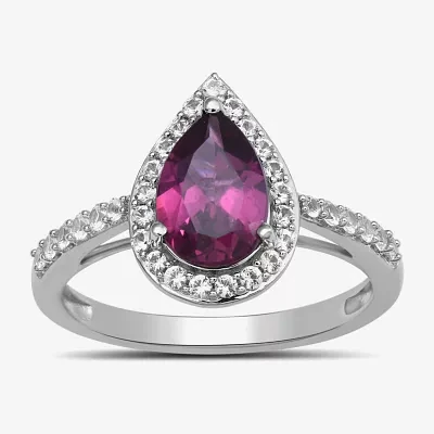 Womens Genuine Red Garnet Sterling Silver Pear Halo Cocktail Ring