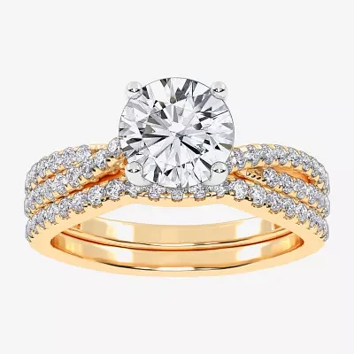 (H-I / Si2-I1) Womens 1 1/2 CT. T.W. Lab Grown White Diamond 10K Gold Round Side Stone Bridal Set