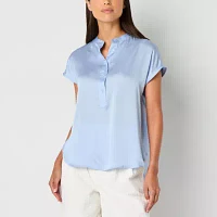 Worthington Womens Henley Neck Short Sleeve Satin Blouse