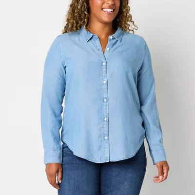 Liz Claiborne Womens Long Sleeve Regular Fit Button-Down Shirt