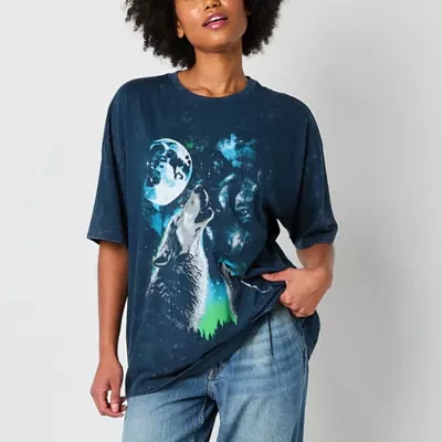 Juniors Night Wolf Oversized Tee Womens Crew Neck Short Sleeve Graphic T-Shirt