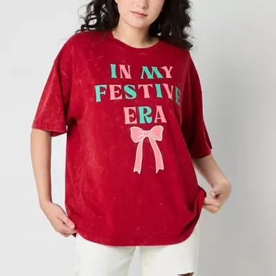 Juniors My Festive Era Oversized Tee Womens Crew Neck Short Sleeve Graphic T-Shirt