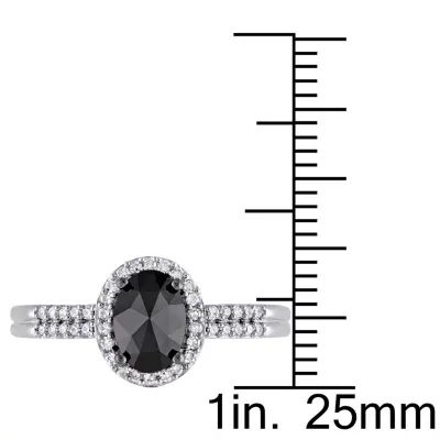 Midnight Black Womens 1 CT. T.W. Mined Diamond 14K White Gold Oval Side Stone Halo Engagement Ring