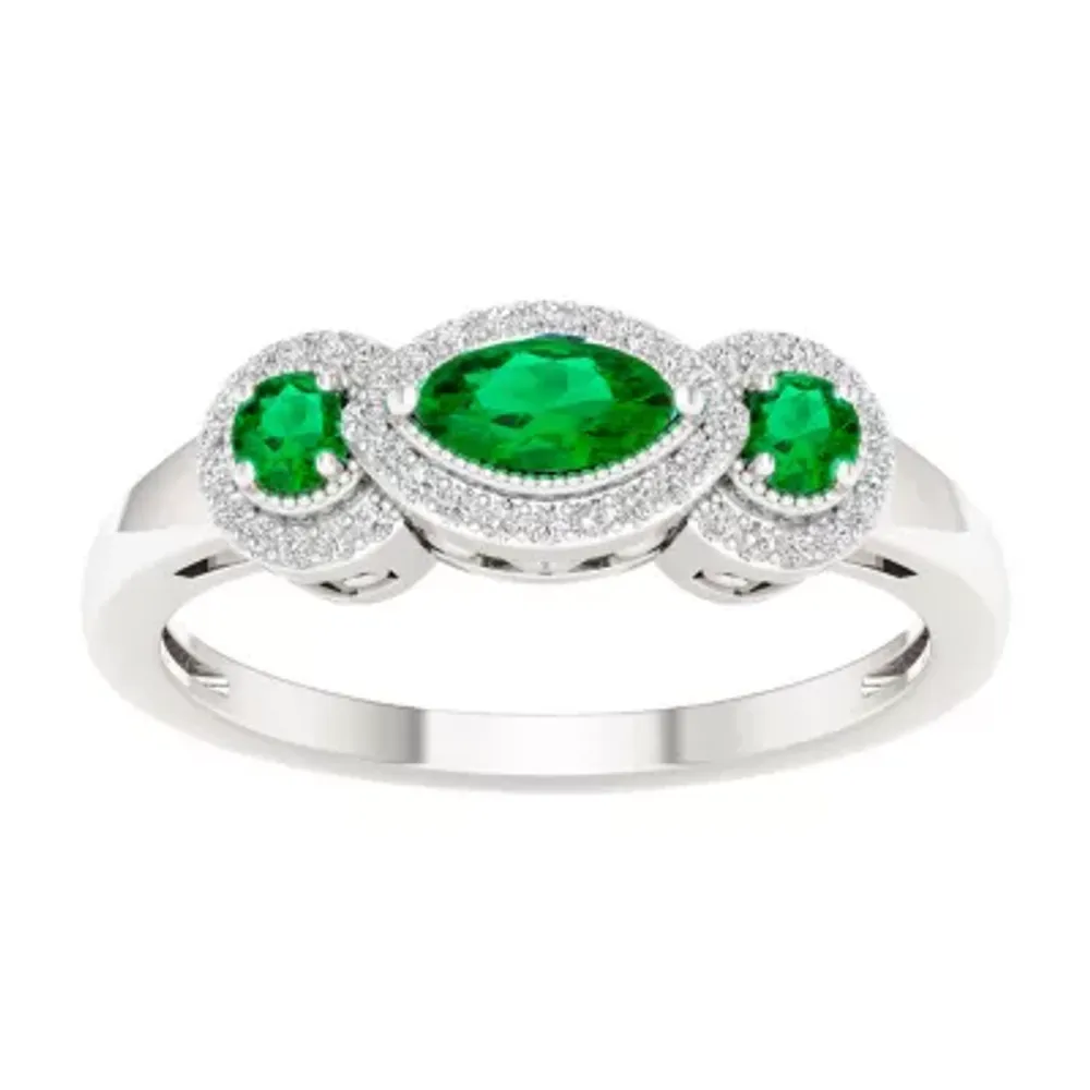 Womens 1/8 CT. T.W. Genuine Green Emerald 10K Gold 3-Stone Cocktail Ring