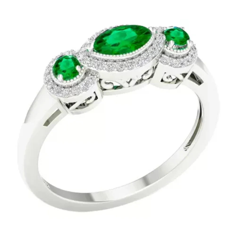 Womens 1/8 CT. T.W. Genuine Green Emerald 10K Gold 3-Stone Cocktail Ring