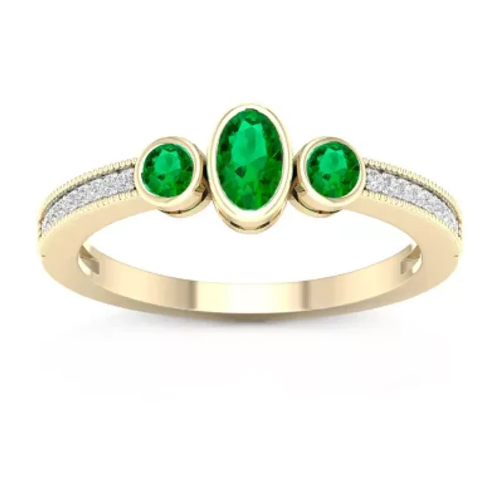 Womens Diamond Accent Genuine Green Emerald 10K Gold 3-Stone Cocktail Ring