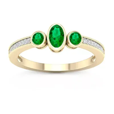 Womens Diamond Accent Genuine Green Emerald 10K Gold 3-Stone Cocktail Ring