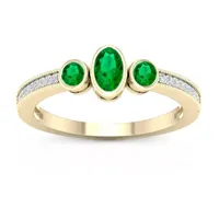 Womens Diamond Accent Genuine Green Emerald 10K Gold 3-Stone Cocktail Ring