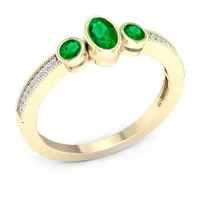 Womens Diamond Accent Genuine Green Emerald 10K Gold 3-Stone Cocktail Ring