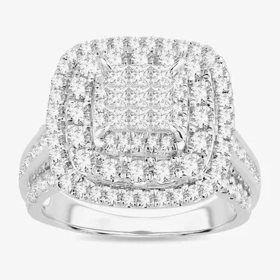 Signature By Modern Bride Womens 2 CT. T.W. Natural White Diamond 10K Gold Cushion Side Stone Halo Engagement Ring