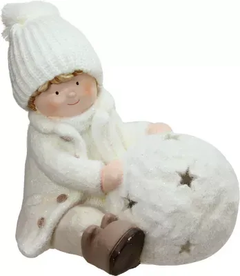 12.5'' White Christmas Snowball with Sitting Boy Tealight Candle Holder