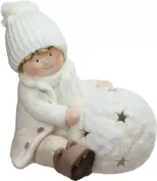 12.5'' White Christmas Snowball with Sitting Boy Tealight Candle Holder