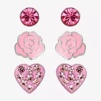 Multi Color Crystal Sterling Silver Flower Heart Round 3 Pair Earring Set