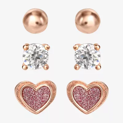 White Cubic Zirconia 14K Gold Over Silver Heart 3 Pair Earring Set