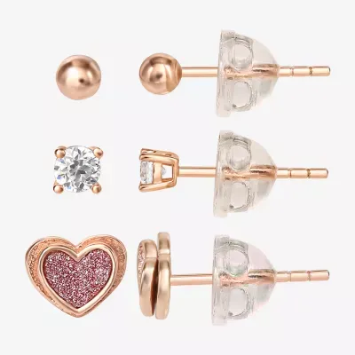 White Cubic Zirconia 14K Gold Over Silver Heart 3 Pair Earring Set