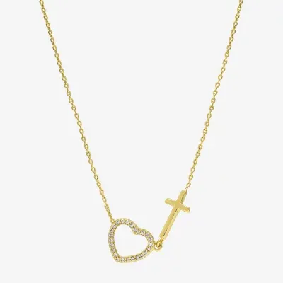 Sparkle Allure Cubic Zirconia 14K Gold Over Brass 16 Inch Link Cross Heart Pendant Necklace