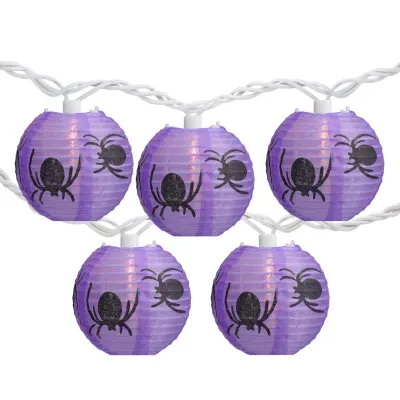 10-Count Purple and Black Spider Paper Lantern Halloween Lights  8.5ft White Wire