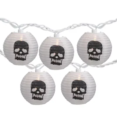 10-Count White and Black Skull Paper Lantern Halloween Lights  8.5ft White Wire