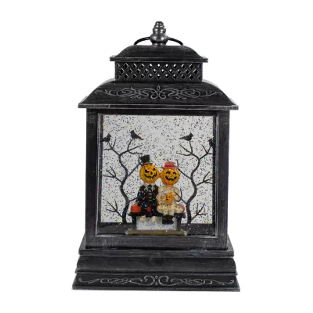 11.5''Lighted Black Halloween Snow Globe Lantern with Pumpkin Couple