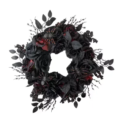 Burgundy and Black Roses with Spiders Halloween Wreath  24-Inch  Unlit
