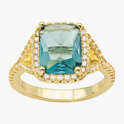 Sparkle Allure Womens Blue Crystal 14K Gold Over Brass Rectangular Halo Cocktail Ring