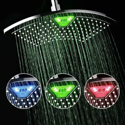DreamSpa® AquaFan 12-inch All-Chrome Rainfall Shower Head with Color-Changing LED/LCD Temperature Display / Premium Chrome