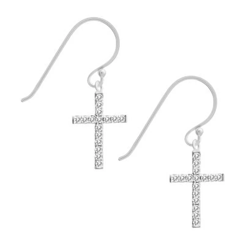 Silver Treasures Cubic Zirconia Sterling Silver Cross Drop Earrings