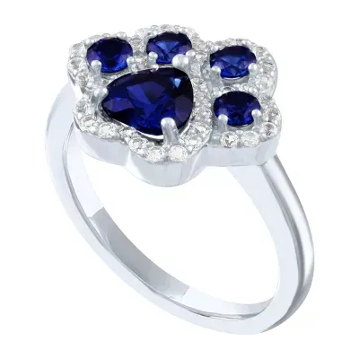 Paw Print Womens Lab Created Blue Sapphire Sterling Silver Cocktail Ring