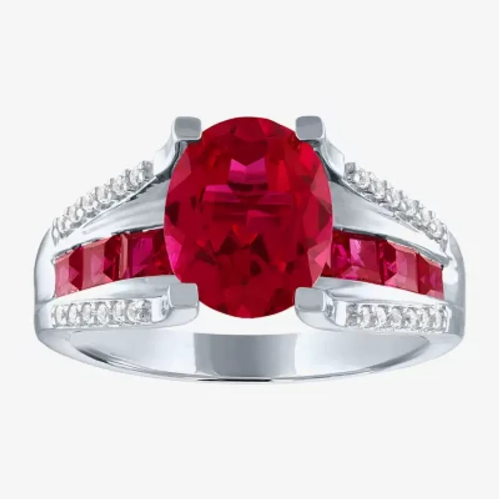 Womens Lab Created Red Ruby Sterling Silver Halo Cocktail Ring