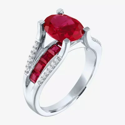 Womens Lab Created Red Ruby Sterling Silver Halo Cocktail Ring