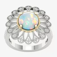 Womens Lab Created White Opal 10K Gold Sterling Silver Cocktail Ring