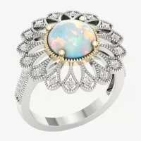 Womens Lab Created White Opal 10K Gold Sterling Silver Cocktail Ring