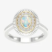 Womens Lab Created White Opal 10K Gold Sterling Silver Cocktail Ring