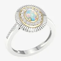 Womens Lab Created White Opal 10K Gold Sterling Silver Cocktail Ring