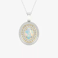 Womens Lab Created White Opal 10K Gold Sterling Silver Pendant Necklace